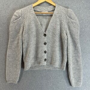 Design History Womens XS Gray Ribbed Knit V Neck Cardigan Sweater Puff Sleeve